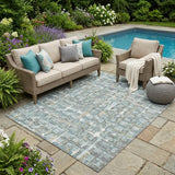5' X 8' Teal Blue And Pewter Geometric Washable Indoor Outdoor Area Rug