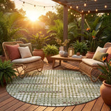 8' Olive Green And Green Round Geometric Washable Indoor Outdoor Area Rug