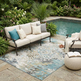 5' X 8' Teal Blue And Pewter Medallion Washable Indoor Outdoor Area Rug