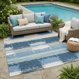 5' X 8' Denim Blue And Blue Geometric Washable Indoor Outdoor Area Rug