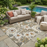 5' X 8' Ivory And Gray Floral Washable Indoor Outdoor Area Rug