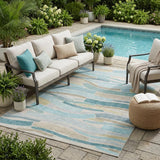5' X 8' Teal Blue And Silver Striped Washable Indoor Outdoor Area Rug