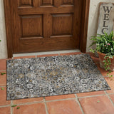 3' X 5' Black And Gray Floral Medallion Washable Indoor Outdoor Area Rug