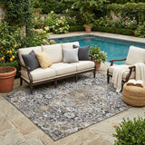 5' X 8' Black And Gray Floral Medallion Washable Indoor Outdoor Area Rug