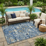 5' X 8' Navy Blue And Blue Floral Medallion Washable Indoor Outdoor Area Rug