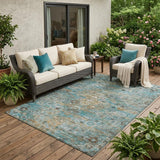 5' X 8' Teal Blue And Pewter Floral Medallion Washable Indoor Outdoor Area Rug