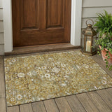 3' X 5' Walnut And Gold Floral Medallion Washable Indoor Outdoor Area Rug