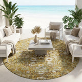 8' Walnut And Gold Round Floral Medallion Washable Indoor Outdoor Area Rug