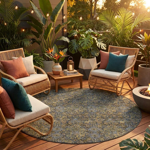 8' Black And Coffee Round Damask Washable Indoor Outdoor Area Rug