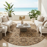 8' Copper And Orange Round Damask Washable Indoor Outdoor Area Rug