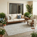 5' X 8' Ivory And Silver Damask Washable Indoor Outdoor Area Rug
