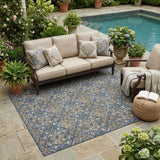5' X 8' Navy Blue And Blue Damask Washable Indoor Outdoor Area Rug