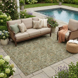 5' X 8' Olive Green And Green Damask Washable Indoor Outdoor Area Rug