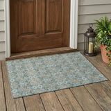 3' X 5' Teal Blue And Pewter Damask Washable Indoor Outdoor Area Rug