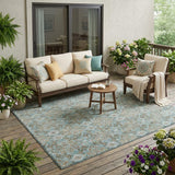5' X 8' Teal Blue And Pewter Damask Washable Indoor Outdoor Area Rug
