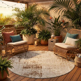 8' Beige And Brown Round Abstract Washable Indoor Outdoor Area Rug