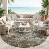 8' Brown And Coffee Round Floral Medallion Washable Indoor Outdoor Area Rug
