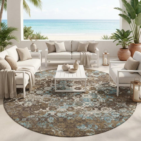 8' Brown And Coffee Round Floral Medallion Washable Indoor Outdoor Area Rug