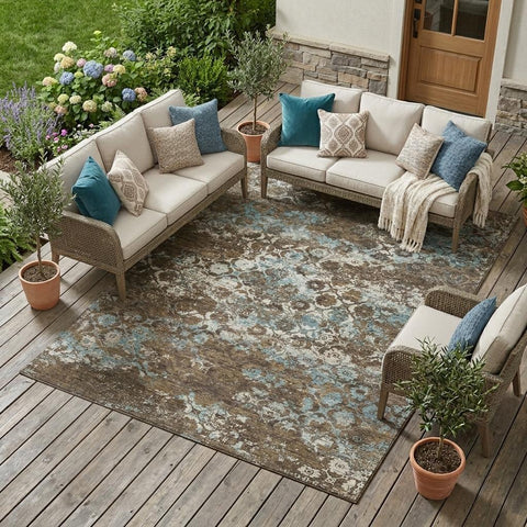8' X 10' Brown And Coffee Floral Medallion Washable Indoor Outdoor Area Rug