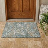 3' X 5' Teal Blue And Pewter Floral Medallion Washable Indoor Outdoor Area Rug