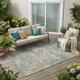 5' X 8' Teal Blue And Pewter Floral Medallion Washable Indoor Outdoor Area Rug