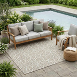 5' X 8' Ivory And Beige Damask Washable Indoor Outdoor Area Rug