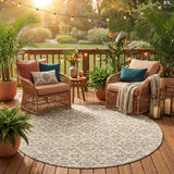 8' Ivory And Beige Round Damask Washable Indoor Outdoor Area Rug