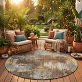 8' Brown And Coffee Round Abstract Washable Indoor Outdoor Area Rug
