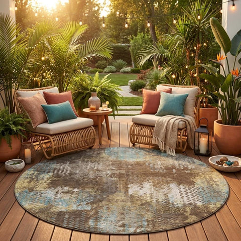 8' Brown And Coffee Round Abstract Washable Indoor Outdoor Area Rug