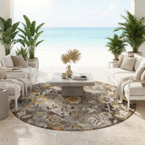 8' Brown And Coffee Round Floral Washable Indoor Outdoor Area Rug