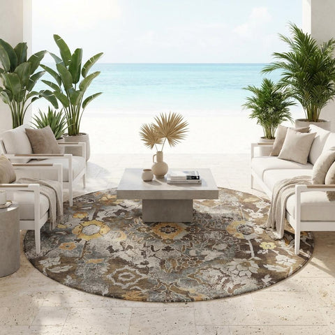 8' Brown And Coffee Round Floral Washable Indoor Outdoor Area Rug