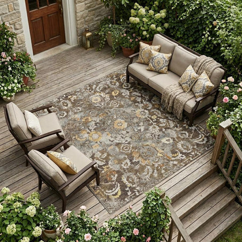 8' X 10' Brown And Coffee Floral Washable Indoor Outdoor Area Rug