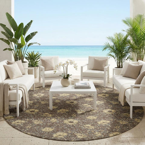8' Brown And Coffee Round Floral Washable Indoor Outdoor Area Rug