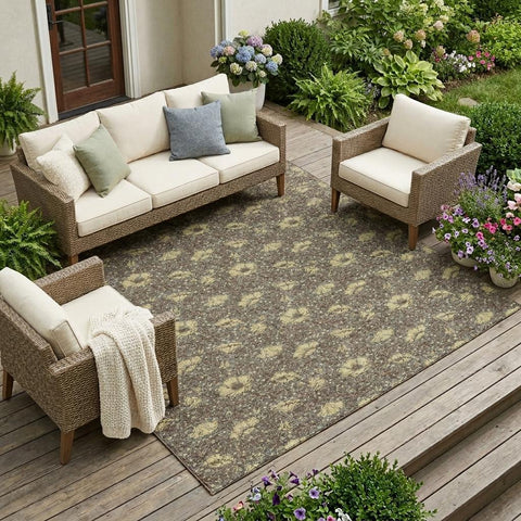 8' X 10' Brown And Coffee Floral Washable Indoor Outdoor Area Rug