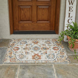 3' X 5' Linen And Ivory Floral Medallion Washable Indoor Outdoor Area Rug