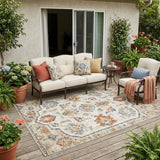 5' X 8' Linen And Ivory Floral Medallion Washable Indoor Outdoor Area Rug