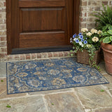 3' X 5' Navy Blue And Blue Floral Medallion Washable Indoor Outdoor Area Rug