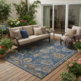5' X 8' Navy Blue And Blue Floral Medallion Washable Indoor Outdoor Area Rug