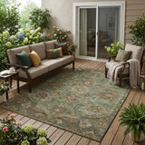 5' X 8' Olive Green And Green Floral Medallion Washable Indoor Outdoor Area Rug