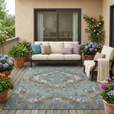 5' X 8' Teal Blue And Gray Southwestern Washable Indoor Outdoor Area Rug