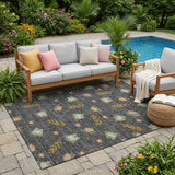 5' X 8' Black And Graphite Botanical Leaves Washable Indoor Outdoor Area Rug