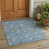 3' X 5' Blue And Olive Green Botanical Leaves Washable Indoor Outdoor Area Rug