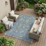 8' X 10' Blue And Olive Green Botanical Leaves Washable Indoor Outdoor Area Rug