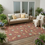 5' X 8' Red And Merlot Botanical Leaves Washable Indoor Outdoor Area Rug