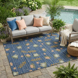 5' X 8' Navy Blue And Blue Botanical Leaves Washable Indoor Outdoor Area Rug
