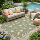 5' X 8' Olive Green And Green Botanical Leaves Washable Indoor Outdoor Area Rug