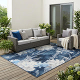 5' X 8' Navy Blue And Blue Floral Washable Indoor Outdoor Area Rug