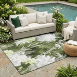 5' X 8' Olive Green And Green Floral Washable Indoor Outdoor Area Rug