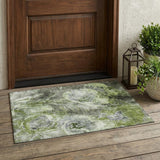 3' X 5' Green And Silver Floral Washable Indoor Outdoor Area Rug