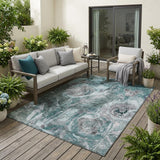 5' X 8' Teal Blue And Graphite Floral Washable Indoor Outdoor Area Rug